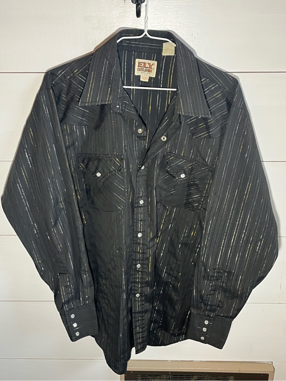Ely Cattleman Black Shirt with Gold & Silver Pinstripes